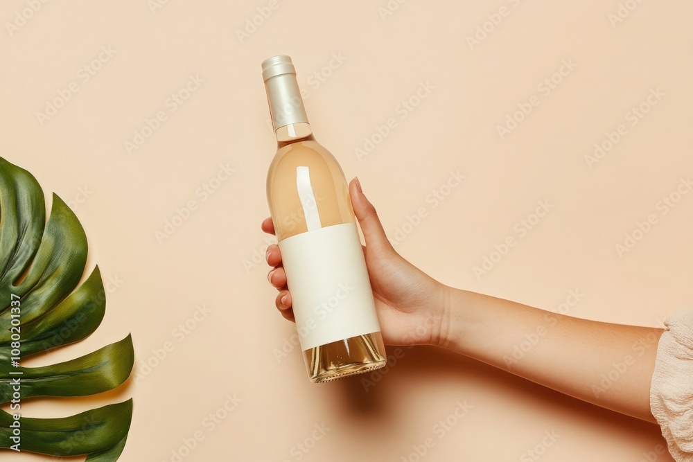 A hand grips a sleek wine bottle mockup, featuring a soft beige label. The background is a warm, subtle shade, enhancing the bottles elegant presentation.