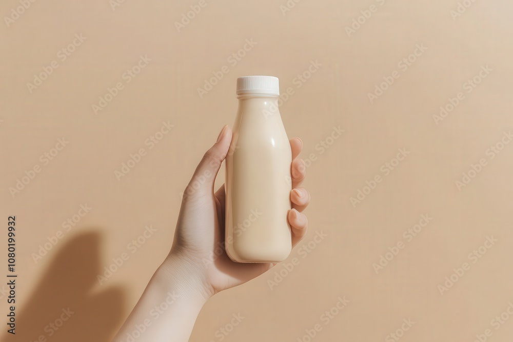 A hand grips a smooth beige juice bottle, showcasing a sleek and simple design. The muted background complements the bottle, creating a harmonious and modern aesthetic.