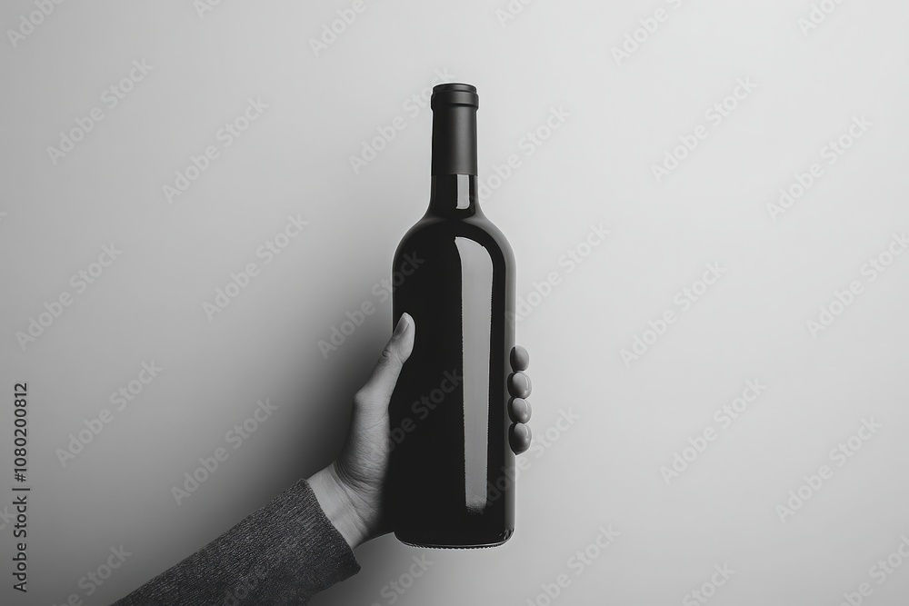 A hand grips a wine bottle mockup, displaying a sleek design against a light gray backdrop. This setup is ideal for showcasing branding or design concepts related to wine packaging.