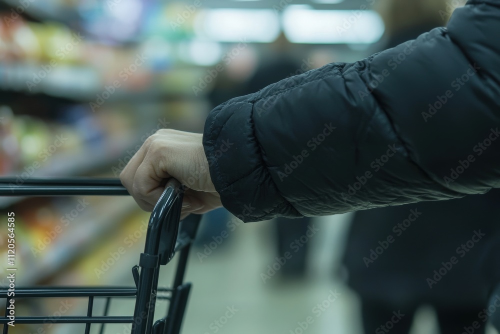 A hand grips the handle of a shopping cart, as a person navigates down a grocery store aisle filled with various products. Other shoppers are seen in the background.
