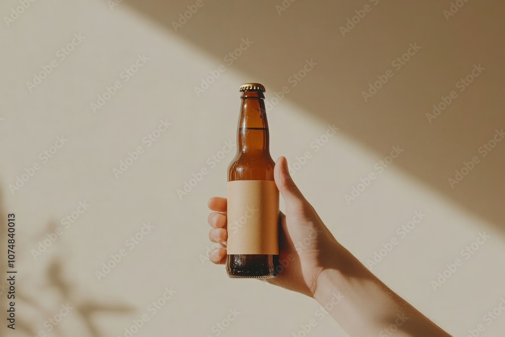 A hand holds a mockup beer bottle showcasing a soft beige label. The soft lighting highlights the bottles design, emphasizing its simplicity and elegance in a serene setting.