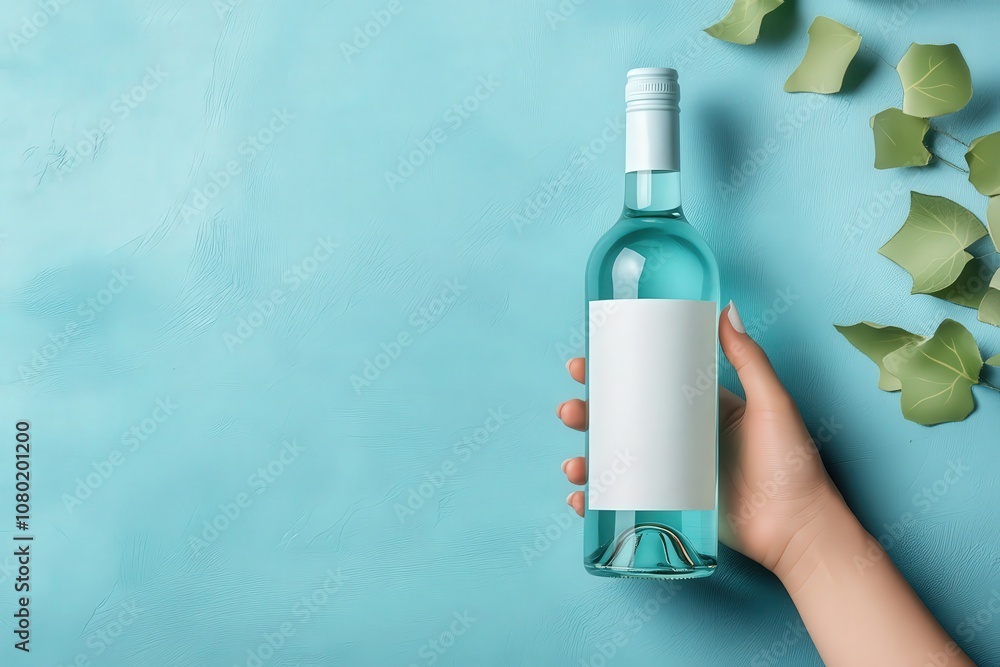 A hand holds a pastel blue wine bottle with a blank label, set against a vibrant blue background with green leaves, creating an appealing visual for branding and advertising.