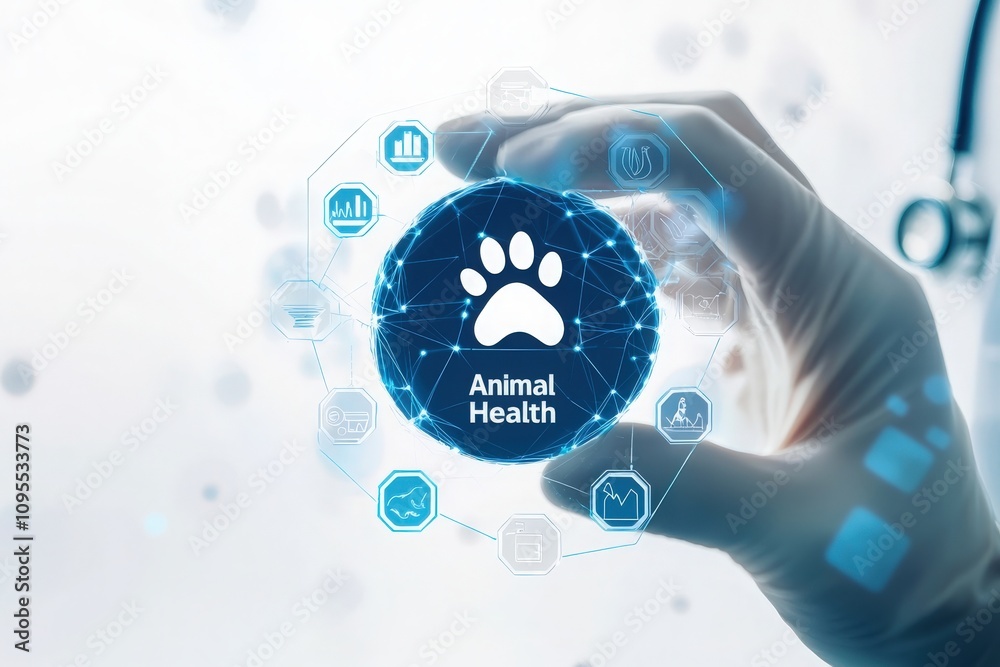 A hand in a medical glove interacts with a digital interface displaying animal health information.