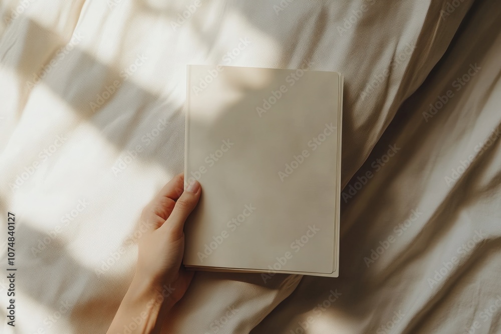 A hand is gently grasping a soft beige brochure mockup resting atop a bed. The warm sunlight casts soft shadows, creating a serene and inviting atmosphere.