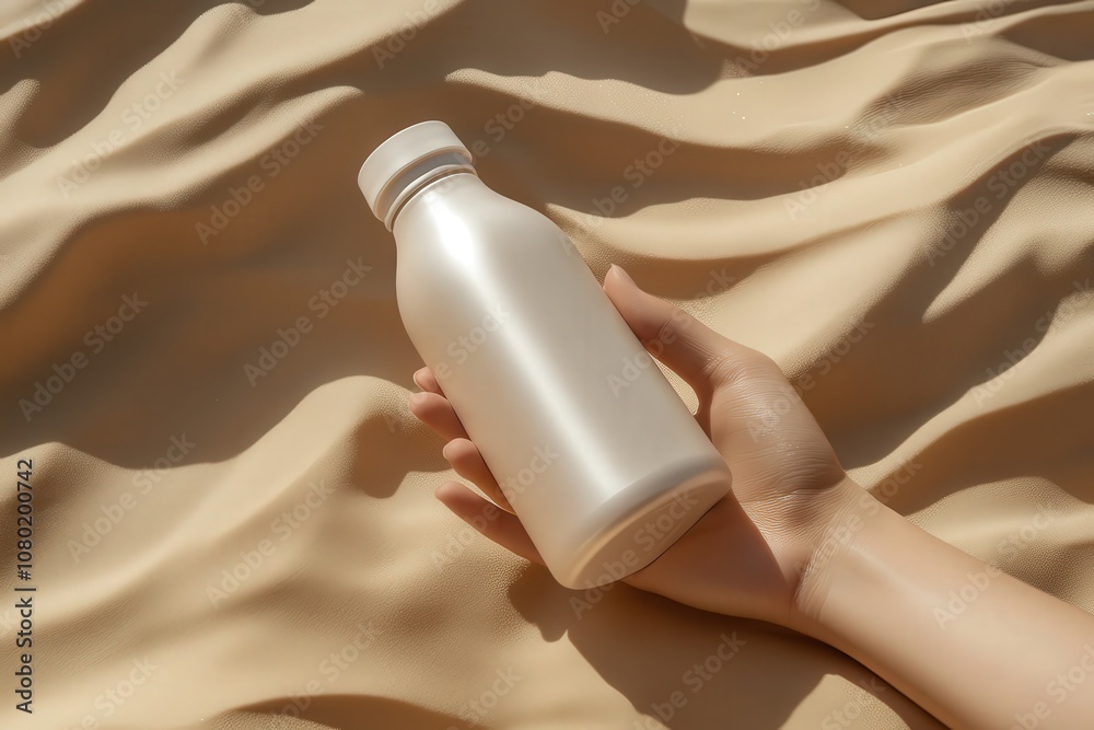 A hand is gently gripping a soft beige water bottle mockup placed on textured beige fabric. The warm light reflects softly, highlighting the simplicity and design of the bottle.