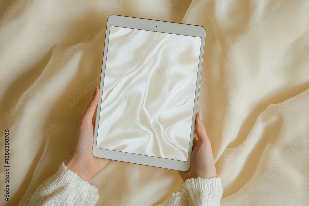A hand is gently holding a tablet with a blank screen, resting on soft beige fabric. The setting exudes a warm and inviting atmosphere, perfect for creativity or relaxation.