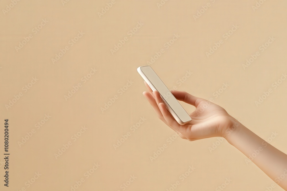 A hand is gracefully holding a sleek smartphone mockup positioned in a soft beige setting. The minimalist design emphasizes the devices modern aesthetics and color harmony.