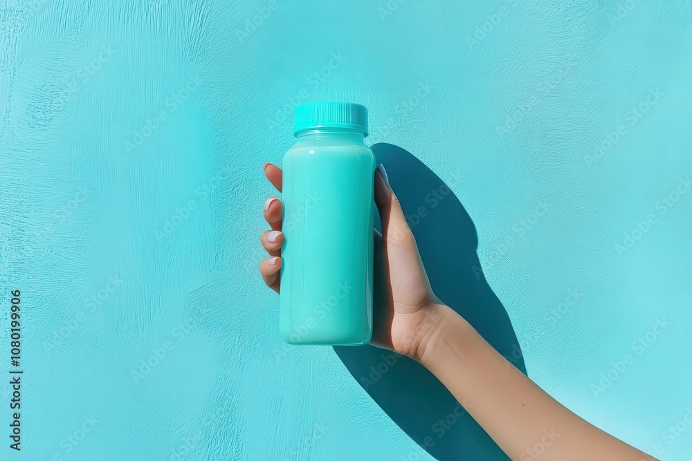 A hand is holding a mockup juice bottle, showcasing a soft pastel blue color against a matching background. The bottle appears fresh and vibrant, ideal for promotional purposes.