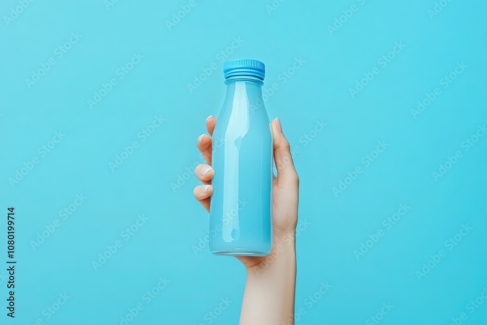 A hand is holding a mockup of a pastel blue juice bottle against a vibrant blue background, showcasing the sleek design and color. The bottle appears refreshing and inviting.