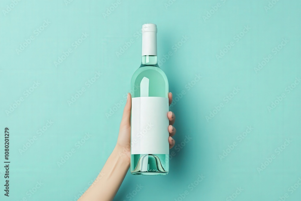 A hand is presenting a clear wine bottle with a blank label, set against a soothing pastel blue backdrop. This design offers a clean slate for branding or marketing ideas.