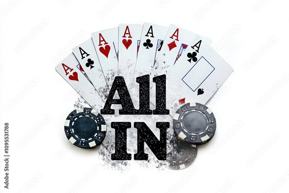 A hand of playing cards displays four aces, accompanied by poker chips. The phrase All In emphasizes the thrilling moment of commitment in a high-stakes game.