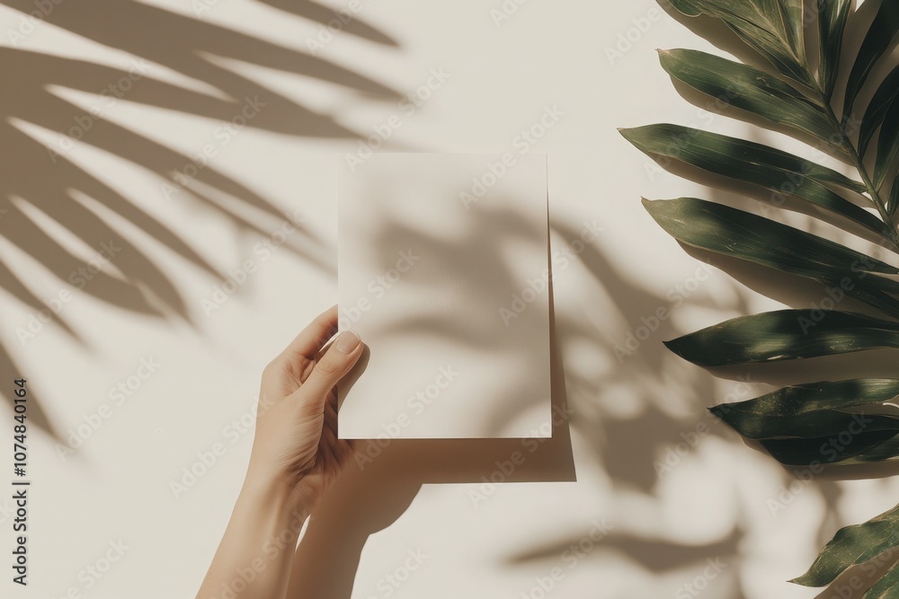 A hand presents a soft beige brochure mockup against a light background. Shadows from nearby leaves create a dynamic contrast, enhancing the visual appeal of the display.