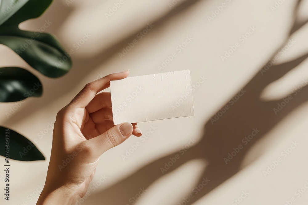 A hand presents a soft beige business card mockup on a neutral surface surrounded by gentle plant shadows, highlighting a minimalist and elegant design.