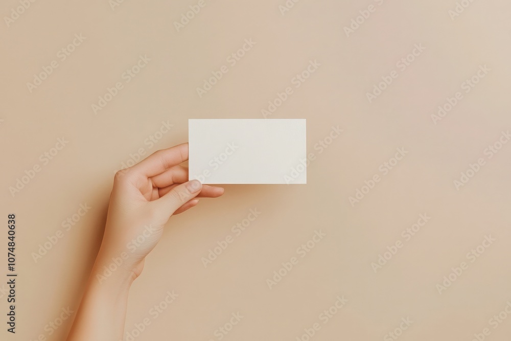 A hand presents a soft beige invitation card mockup, showcasing a minimalistic design against a warm, neutral background. This setup creates a calm and inviting atmosphere.