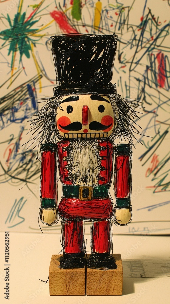 A handcrafted nutcracker figure in vibrant red and black attire stands proudly. Behind it, a colorful childs drawing adds a playful touch, showcasing a creative spirit and festive atmosphere.