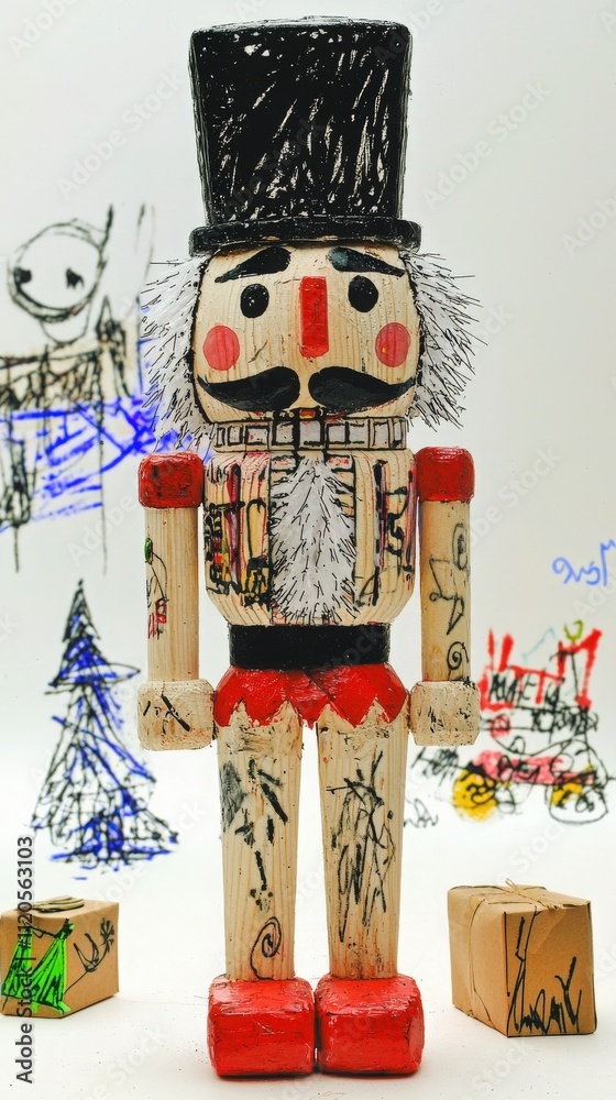 A handcrafted wooden nutcracker stands tall with colorful markings, surrounded by childlike drawings of trees and characters. Small cardboard boxes add a festive touch to the scene.