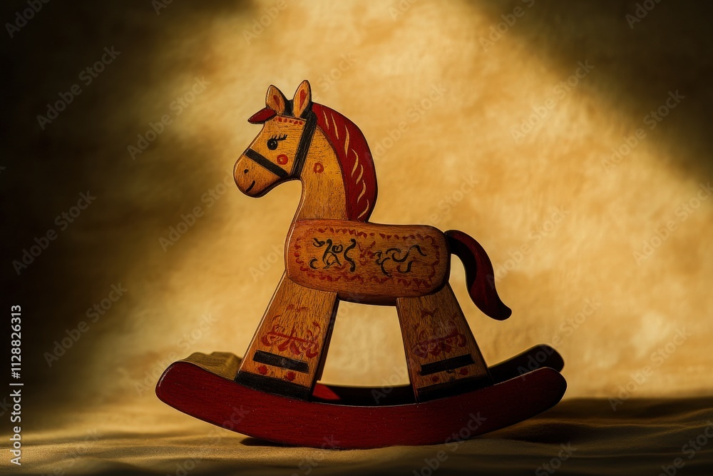 A handcrafted wooden rocking horse stands proudly against a softly lit textured background. The horse features detailed carvings and a rich color palette, creating a nostalgic atmosphere.
