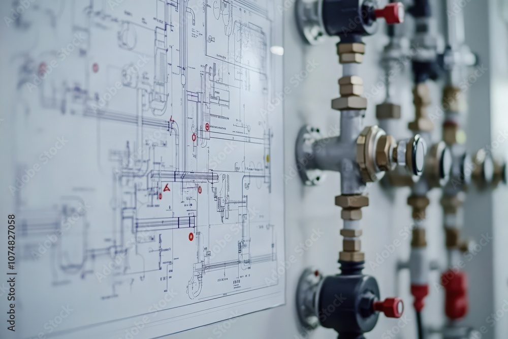A handheld diagnostic tool rests beside detailed schematics showing complex plumbing and flow systems in a modern industrial facility, ready for inspection and analysis.