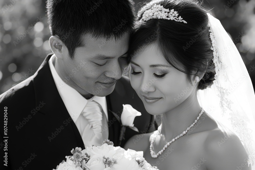 A happy Asian couple embraces closely, smiling as they capture their wedding portraits. The bride holds a bouquet while wearing elegant attire, radiating love against a soft natural backdrop.
