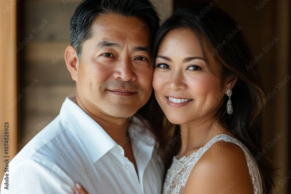 A happy Asian couple embraces closely while posing for wedding portraits. They radiate love and joy as they celebrate their commitment on a memorable day together.