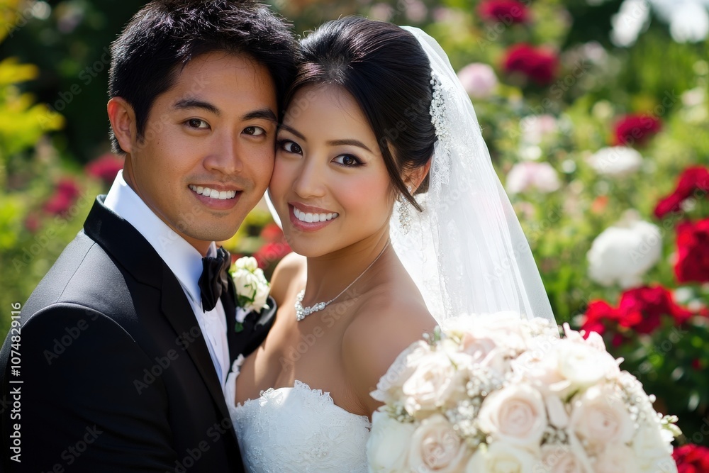 A happy Asian couple embraces in a beautiful garden filled with blooming roses while capturing their wedding portraits. The joyful atmosphere reflects love and celebration on their special day.
