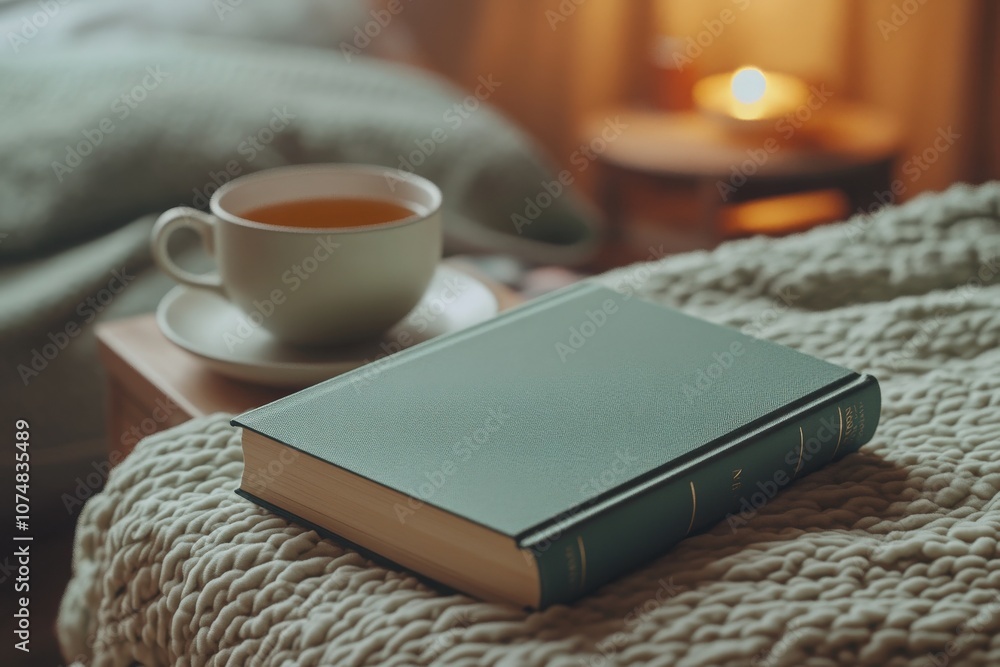A hardcover book lies on a soft blanket beside a steaming cup of tea on a side table, illuminated by warm lighting creating a cozy atmosphere perfect for reading.