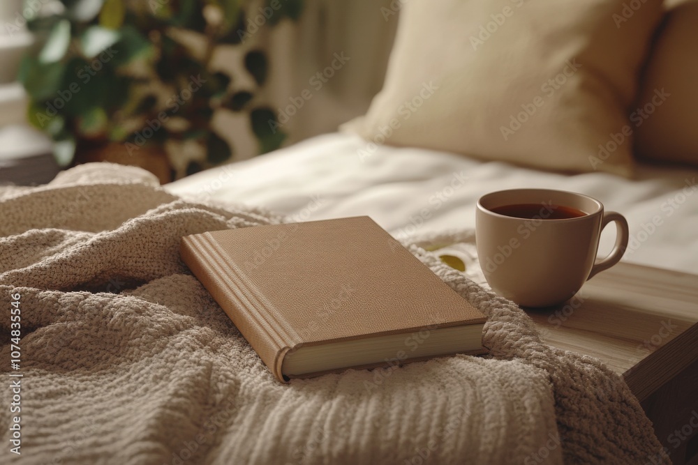 A hardcover book lies on a textured blanket next to a steaming cup of coffee in a cozy bedroom. Natural light filters through, creating a warm atmosphere perfect for reading.