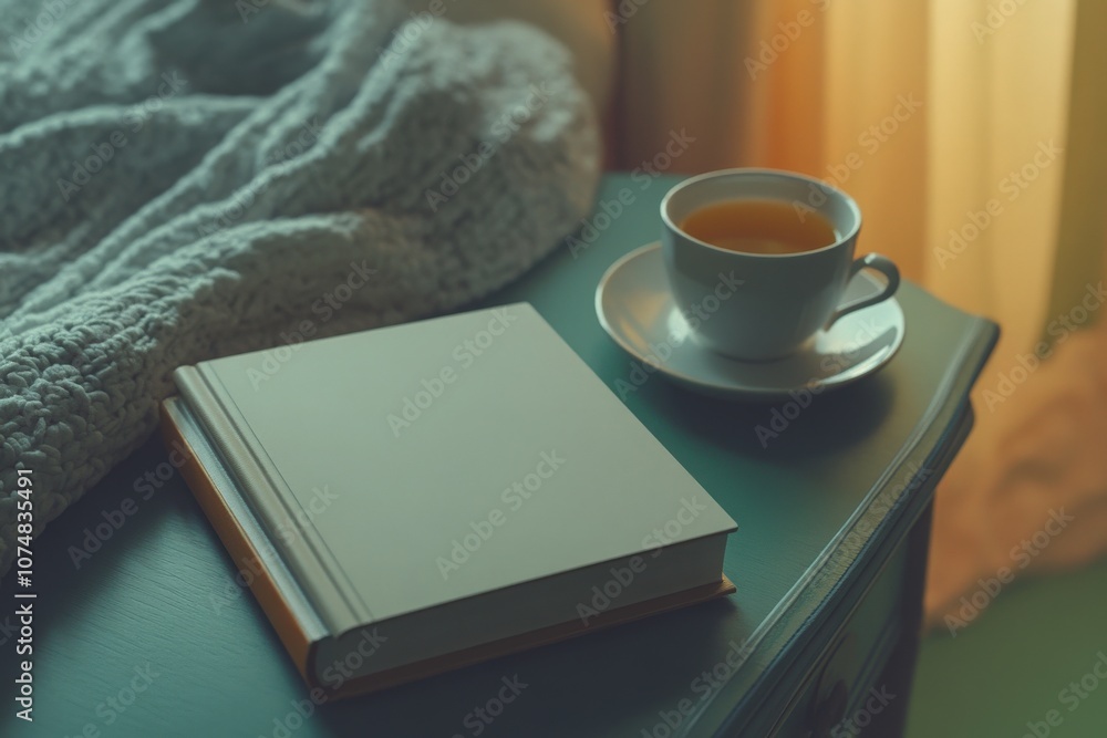 A hardcover book rests on a bedside table next to a cup of tea. The soft lighting and warm ambiance create a tranquil atmosphere perfect for reading.