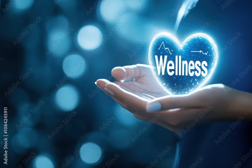 A healthcare professional holds glowing icons representing wellness in their hands, showcasing the integration of technology in modern healthcare during a professional setting.
