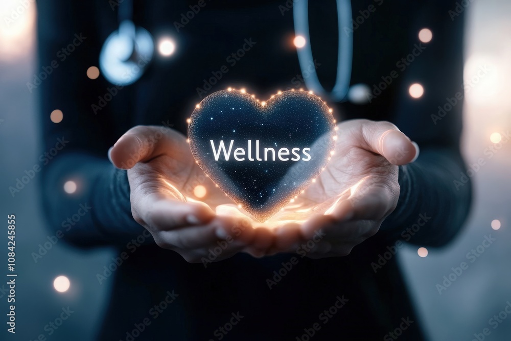 A healthcare professional is engaging with virtual wellness icons, demonstrating a commitment to health and patient care. The focus is on innovation in healthcare technology and wellness promotion.