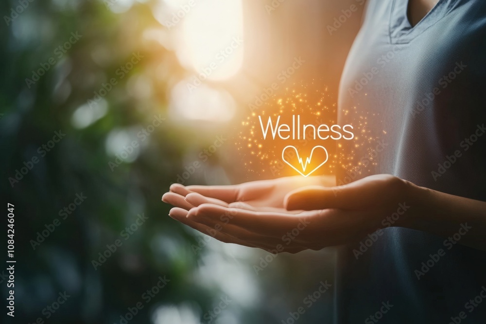 A healthcare professional is presenting virtual icons related to wellness with an emphasis on health and care. The setting is calm and natural, highlighting a commitment to well-being.