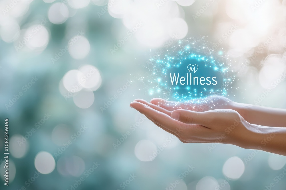 A healthcare professional stands outdoors, presenting virtual wellness symbols in their hands. The background is softly blurred, emphasizing the focus on health and well-being.