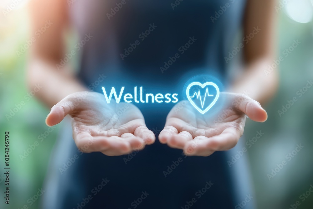 A healthcare professional stands with hands open, showcasing virtual icons related to wellness and health. This interactive moment highlights the integration of technology in patient care.