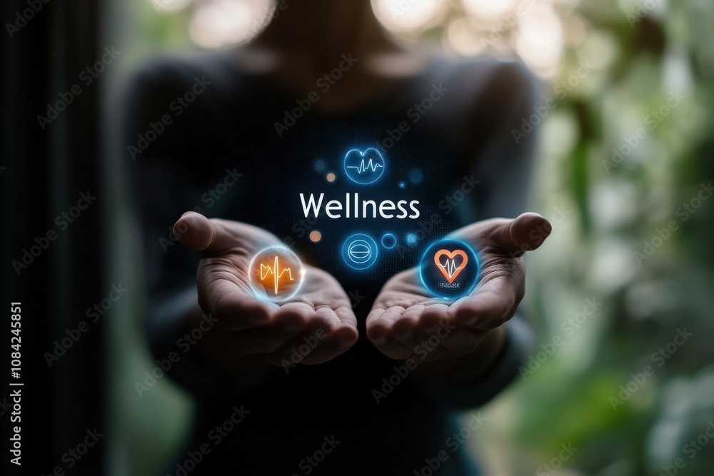 A healthcare professional uses their hands to showcase virtual wellness icons representing health. The setting is calm, emphasizing the importance of well-being and healthcare innovation.