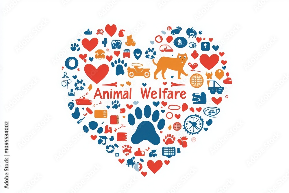 A heart-shaped arrangement features diverse icons representing animal welfare, including pets, hearts, and tools. The vibrant design highlights the importance of caring for animals.