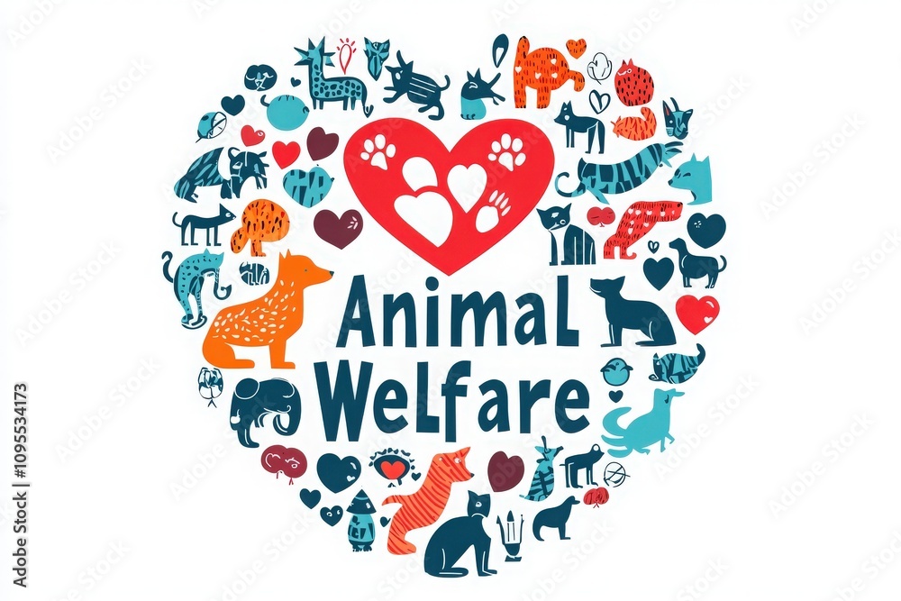 A heart-shaped arrangement of various animal illustrations surrounds bold text advocating for animal welfare. The design features cats, dogs, and playful elements, emphasizing compassion for animals.
