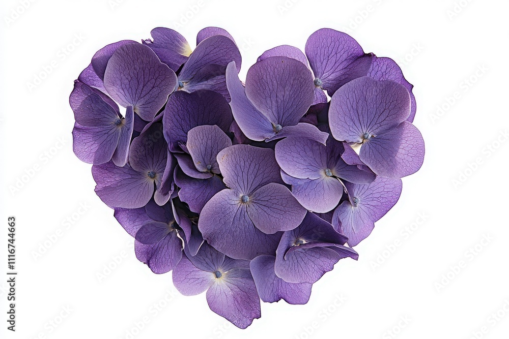 A heart-shaped cluster of purple flowers displays their delicate petals and vibrant color against a white background. The design symbolizes love and beauty in nature.