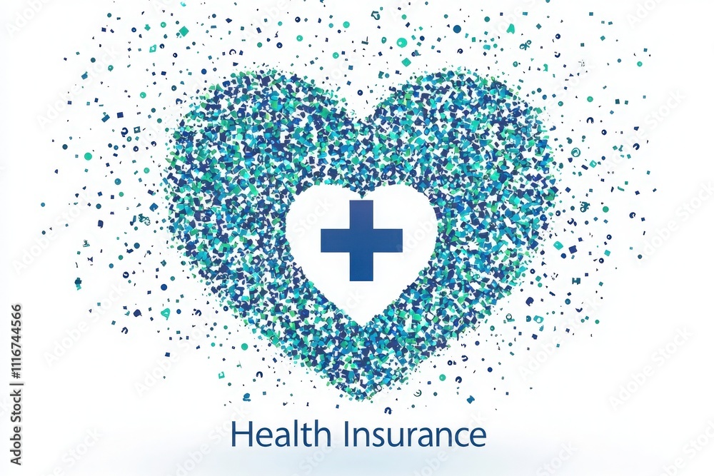 A heart shape made of blue and teal particles symbolizes health insurance. The design emphasizes the connection between healthcare and well-being, highlighting the importance of medical coverage.