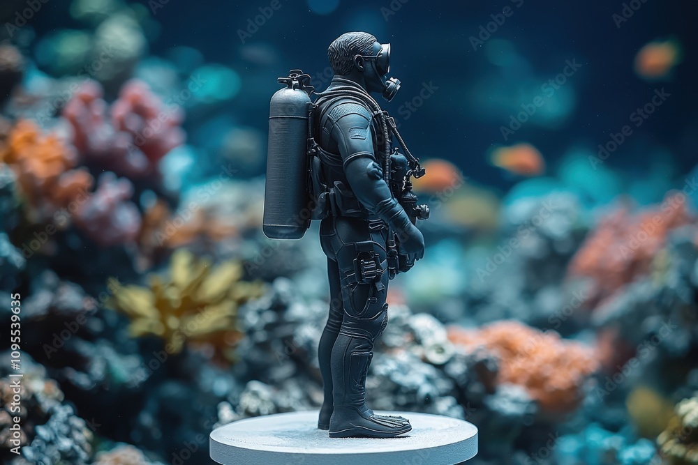 A highly detailed diver figure with scuba gear poses against a backdrop of colorful coral reefs, showcasing the beauty of underwater exploration. The scene highlights marine life and vibrant colors.