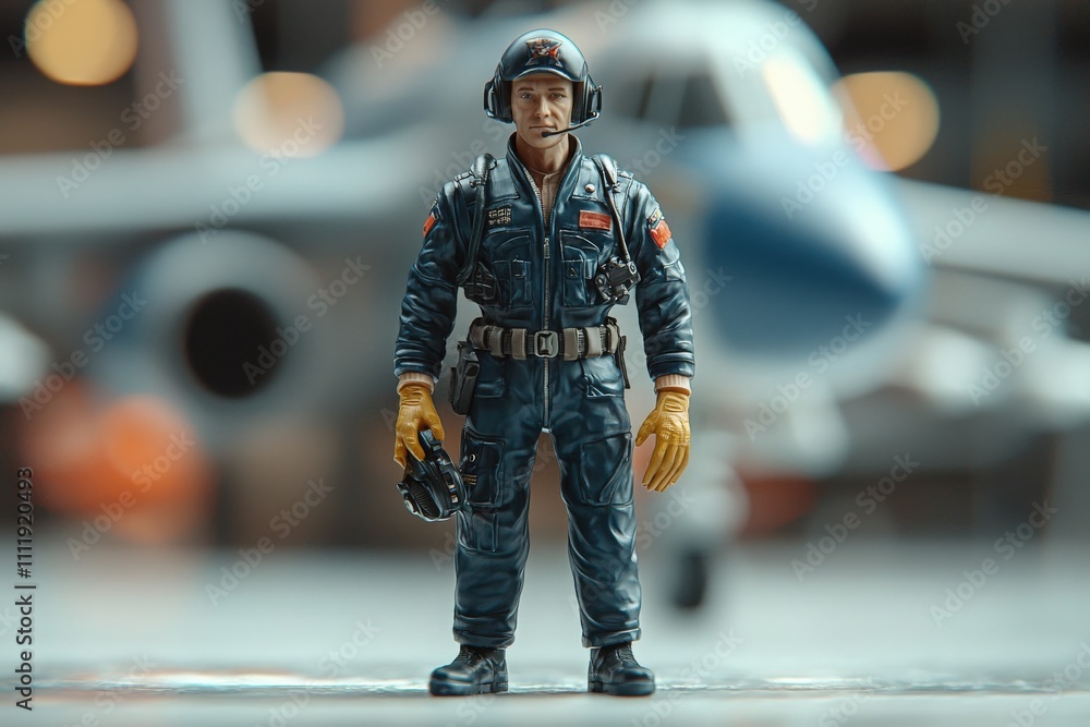 A highly detailed pilot action figure wearing a flight suit and helmet stands confidently, ready for duty in front of a military aircraft. The background features blurred aircraft details.
