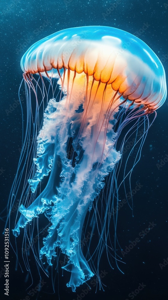 A jellyfish drifts elegantly through dark ocean waters, showcasing vibrant colors of blue and orange. Its long, flowing tentacles trail behind, adding to the underwater beauty.