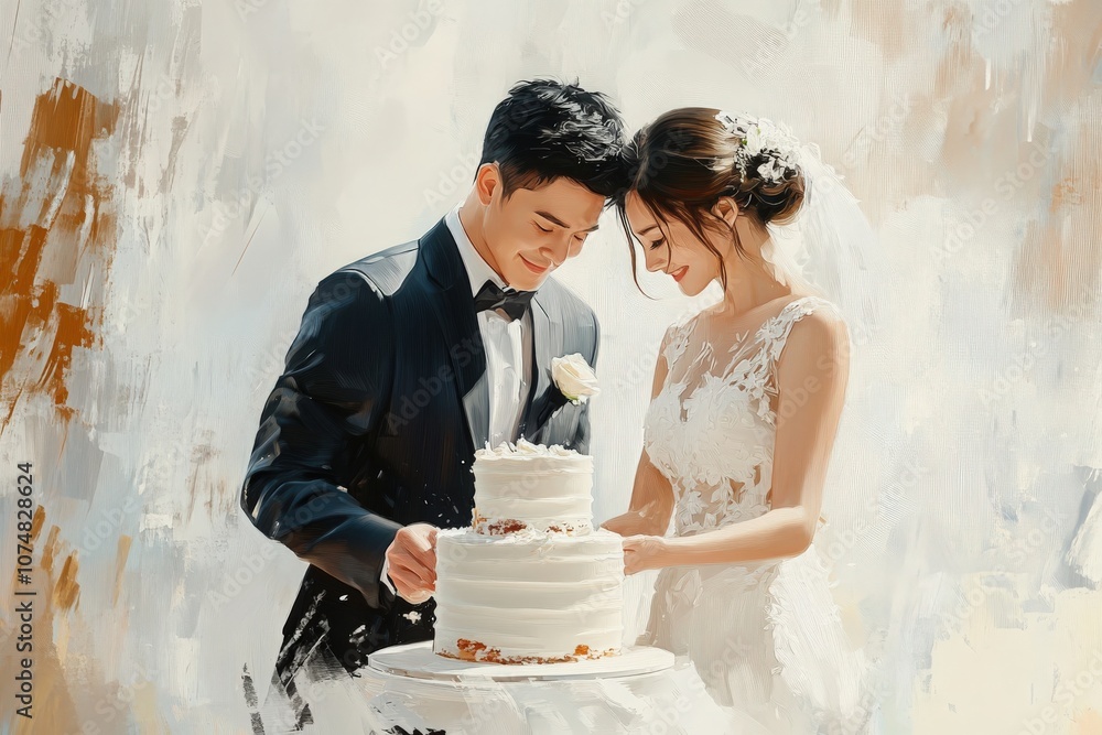A joyful Asian couple stands together, smiling as they slice their wedding cake. The outdoor setting is adorned with elegant decorations, capturing the blissful moment during their special day.