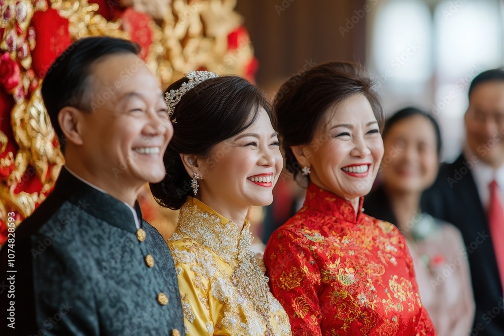 A joyful Asian couple stands with family members during a traditional celebration filled with vibrant colors and decorations. Laughter and smiles abound as they share this special moment together.