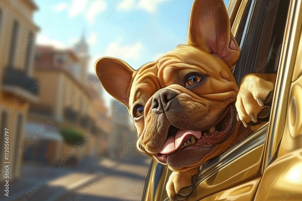 A joyful French bulldog leans out of a car window, basking in the sunlight on a lively street. Nearby buildings create a charming urban backdrop.