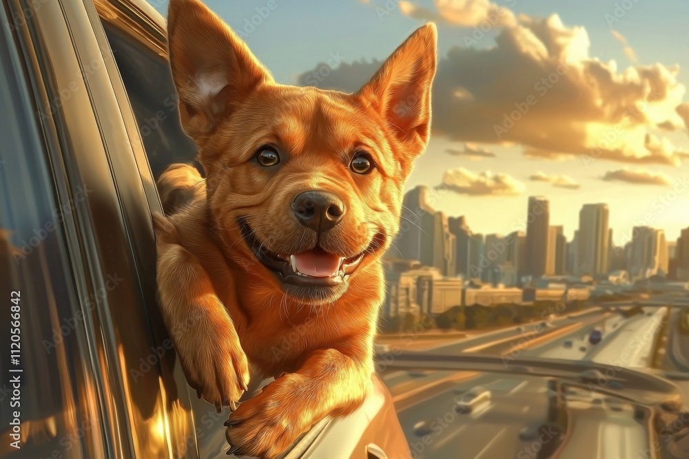 A joyful dog leans out of a car window, wind blowing through its fur, with a vibrant city skyline glowing in the warm hues of sunset. The atmosphere is cheerful and lively.