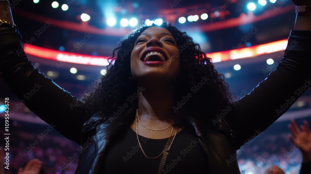 A joyful woman with curly hair raises her arms in celebration while enjoying a concert in an energetic arena. The crowd around her is engaged in the lively atmosphere, sharing the moment.