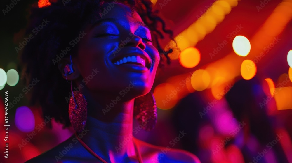 A joyful woman with curly hair smiles as colorful lights illuminate her face at an outdoor party. The lively atmosphere captures the essence of celebration among friends.