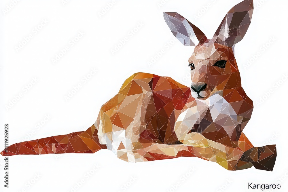 A kangaroo is resting calmly in a low-poly art style, showcasing a blend of warm colors. The geometric shapes create a unique artistic interpretation of this iconic Australian animal.