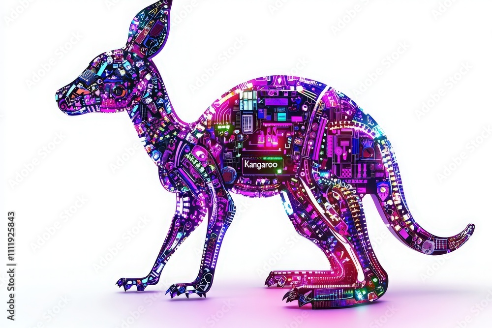 A kangaroo silhouette is intricately filled with colorful circuits and electronic designs, creating a stunning blend of technology and artistic expression. The vibrant colors make it eye-catching.