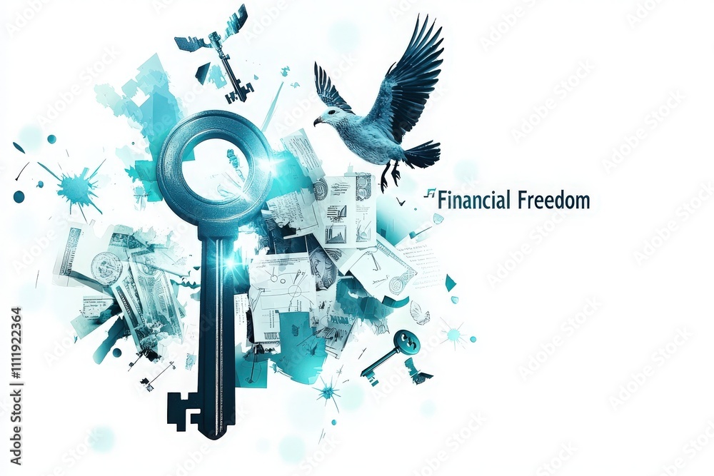 A key symbolizes financial freedom surrounded by vibrant elements representing opportunities, creativity, and growth. The artwork conveys a journey toward achieving personal and financial goals.